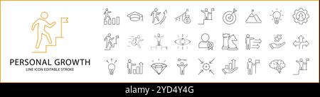 Personal Growth Icon Set. Personal Growth Line Icons. Containing creativity, motivation, mind, hard, strategy, skill, success, training, vision, etc. Stock Vector
