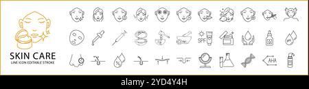 Skin Care Icon Set./ Skin Care Line Icons.. Containing treatment, cosmetic, beauty, vector, facial, mask, oil, etc. Vector Illustration. Stock Vector