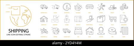 Shipping Icon Set In Line Style. Containing shipping, delivery, shipment, logistic, cargo, transportation, distribution, business, container, package. Stock Vector