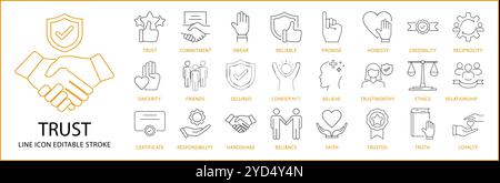 Trust Icon Set in Line Style. Containing handshake, support, social, partnership, friendship, community, business, etc. Vector Illustration. Stock Vector