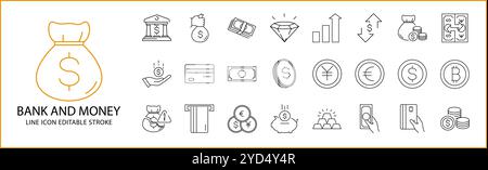 Bank Money Payment Icon Set In Line Style. Bank Money Payment icons. Vector Illustration. Editable Stroke. Stock Vector