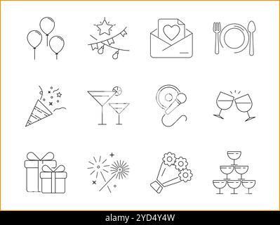 Party Icon Set In line Style. Containing music, event, food, outline, decoration, isolated, birthday, modern, festival, fun, happy, etc. Stock Vector