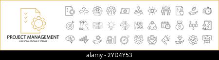 Project Management icons in line style. Containing strategy, development, business, teamwork, planning, etc. Icon Set. Vector Illustration. Stock Vector