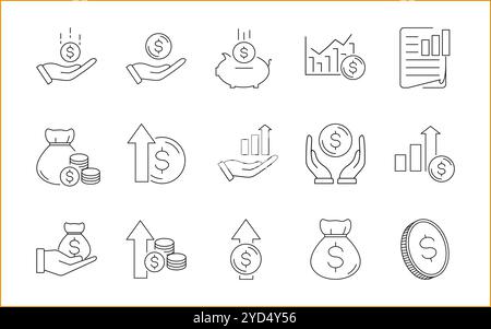 Money Income Icon Set In Line Style. Money Income Line Icons. Profit Icons. Vector Illustration. Editable Stroke. Stock Vector