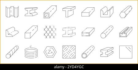 Steel Products ICon Set In Line Style. Containing iron, metal, steel, industry, pipe, material, metallurgy, etc. Vector Illustration. Stock Vector