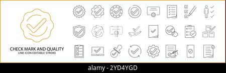 Checkmark quality product icon set. Quality control icons. vector Illustration. Editable Stroke. Stock Vector