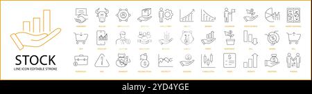 Stock Icon Set In Line Style. Containing finance, financial, money, line, growth, investment, payment, banking, bank, etc. Vector Illustration. Stock Vector