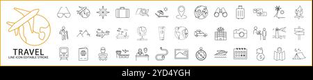 Travel Icon Set. Travel Line Icons. Containing holiday, summer, vacation, hotel, trip, passport, traveler, tourism, etc. Vector Illustration. Stock Vector