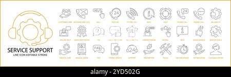 Support Service Icon Set In Line Style. Containing usiness, outline, vector, line, help, customer, web, call, etc. Vector Illustration. Stock Vector