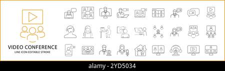 Video Conference Icon Set. Video Conference Line Icons. Containing virtual, conversation, meeting, zoom, digital, communication, seminar, etc. Vector Stock Vector