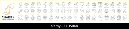 Volunteering And Charity Icon Set In Line Style. Containing support, community, heart, hand, hope, Etc. Vector Illustration. Stock Vector