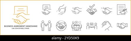 Business Agreement And Handshake Icon Set in Line Style. Business Agreement Icons. Vector Illustration. Editable Stroke. Stock Vector