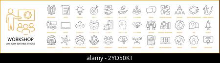 Workshop Icon Set In line Style. Containing conference, team, human, business, teamwork, group, seminar, person, meeting, leadership, presentation, et Stock Vector