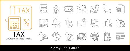 Tax Icons In Line Style. Containing money, finance, financial, accounting, percent, taxation, check, income, Etc. Icon Set. Vector illustration. Edita Stock Vector