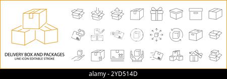 Delivery Box Package Icon Set In Line Style. Delivery Box And Package Icons. Vector Illustration. Editable Stroke. Stock Vector