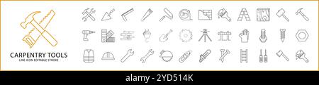 Carpentry tools Icon Set in Line Style. Canpentry Tools Icons. Vector Illustration. Editable Stroke. Stock Vector