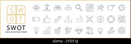 SWOT Icon Set. Strengths, Weaknesses, Opportunities, and Threats Line Icons. Containing analysis, marketing, chart, growth, goal, risk, diagram, pres Stock Vector