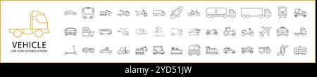 Vehicle Icon Set. Vehicle Line Icons. Containing transport, car, bus, truck, van, taxi, collection, bike, scooter, outline, forklift, etc. Vector Illu Stock Vector