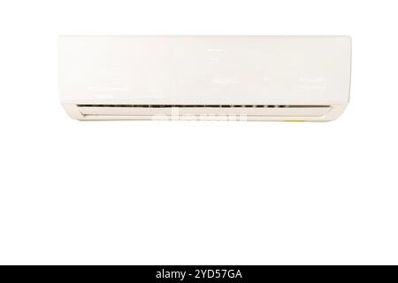 White air conditioner isolated on white background. Front view of a white modern air conditioner, isolated on white. Clipping path. Stock Photo