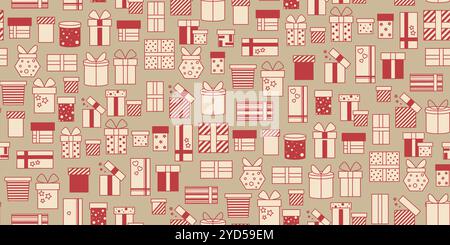 Golden festive background with gift boxes for Christmas. Boxes with surprise red gold color seamless pattern. Repeat print for packaging, paper Stock Vector