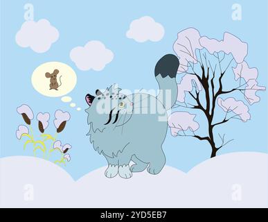 cute fluffy wild cat manul stands on a winter meadow during the day and dreams of a little mouse, stock vector, cartoon Stock Vector