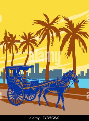 Art Deco or WPA poster art of a kalesa or calesa, a two-wheeled horse-drawn carriage along the Baywalk strip at Manila Bay in the Philippines done in Stock Photo