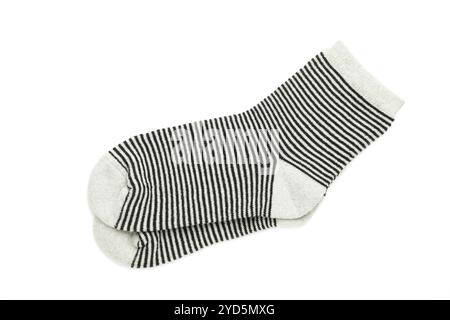 Pair of striped knitted socks isolated on white background. Top view Stock Photo