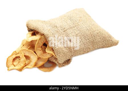Dried apples in sock isolated on white background. Top view Stock Photo