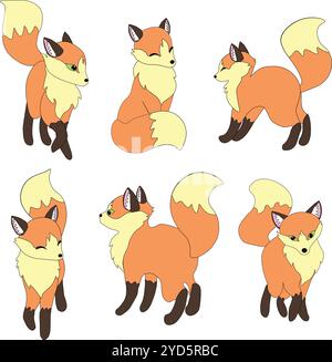 cute red cartoon fox. Set of vector illustrations in cartoon style Stock Vector