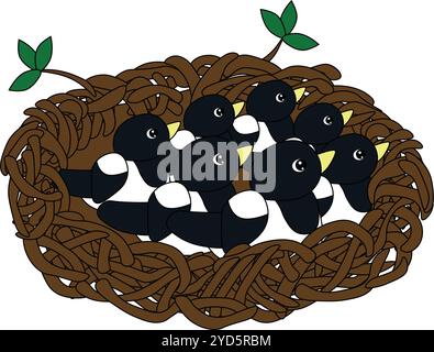 little black and white chicks sit in a nest, stock vector, cartoon Stock Vector