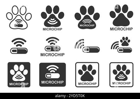 Dog microchip icon symbol. Microchip for dogs, cats and other animals.  Pets microchipping, permanent identification, ID, RFID technology. Vector illu Stock Vector