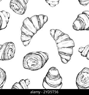 Seamless vector pattern of hand-drawn croissants: whole and cut. Detailed illustration in sketch style of fresh pastries. Ideal for bakery design Stock Vector