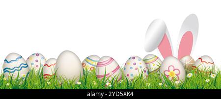 Easter banner with colored easter eggs and hare ears in the green grass. Eps 10 vector file. Stock Photo
