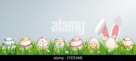 White flowers in grass with colored easter eggs on the grey background. Eps 10 vector file. Stock Photo