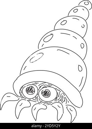 a mollusk with legs and eyes looking out of the darkness in a conical shell, hand drawn with black brush on white background Stock Vector