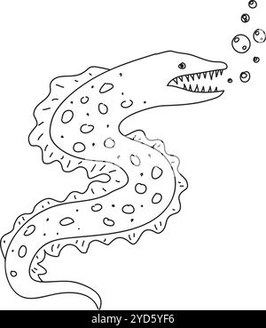 an evil, scary moray eel with sharp teeth, hand drawn with black brush on white background Stock Vector
