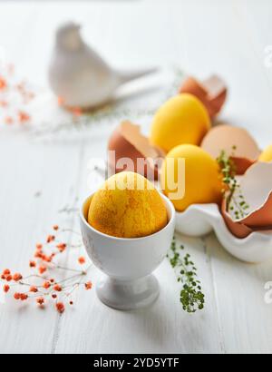 Easter composition with yellow eggs and flowers. Natural dyed colorful eggs and spring flowers rustic composition. Close up. Hap Stock Photo