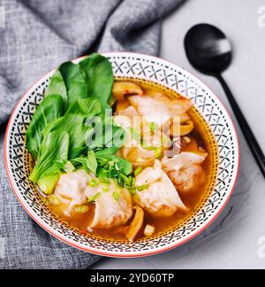 Soup gyoza, dumplings with bok-choy in clear soup Stock Photo