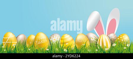 Easter header with golden eggs in grass. Eps 10 vector file. Stock Photo