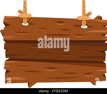 Three wooden planks hanging from ropes form a sign, providing a rustic and natural backdrop for announcements or directions Stock Vector