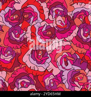 Seamless floral pattern with pink roses. Cartoon style. Design for fabric, textile, paper. Colorful flowers on color background. Vector illustration Stock Vector