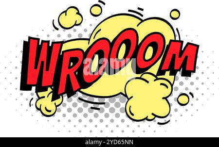 Vibrant yellow speech bubble with bold red wroom writing and dynamic motion lines. Evoking speed and movement in classic comic book style. Perfect for Stock Vector