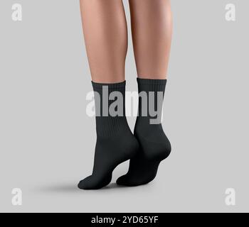 Template of black high socks on women's beautiful legs on tiptoes, for design, branding,pattern, side view. Mockup of a pair of gaiters with elastic b Stock Photo