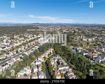 Aerial view of middle class subdivision neighborhood with residential houses in San Diego, California, USA. Stock Photo