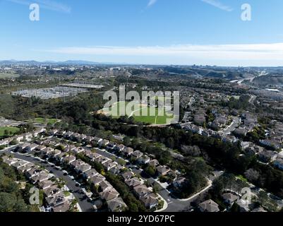 Aerial view of middle class subdivision neighborhood with residential houses in San Diego, California, USA. Stock Photo