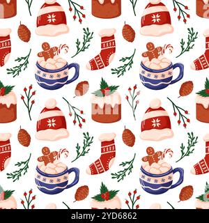 Festive seamless pattern with Christmas elements hot chocolate, gingerbread cookie, stocking, pine cone and winter hat. Ideal for holiday wrapping Stock Vector