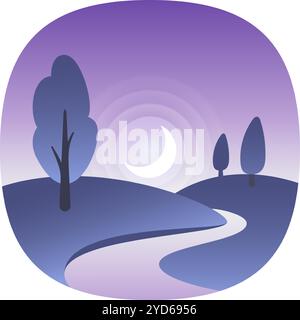 Crescent moon illuminating a tranquil landscape with a winding river, stylized trees, and rolling hills bathed in the soft glow of twilight, evoking a Stock Vector