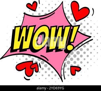 Colorful comic speech bubble with wow expresses love and surprise, adorned with hearts and halftone dots for a touch of romance Stock Vector