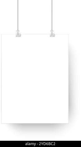 Two metal clips hanging on strings are holding a blank white sheet of paper providing copy space on a white background with slight shadow Stock Vector