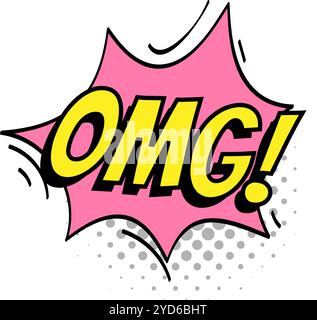 Pink cartoon speech bubble with yellow omg text is expressing surprise and excitement, featuring halftone dots for a retro comic book effect Stock Vector